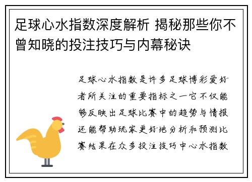 足球心水指数深度解析 揭秘那些你不曾知晓的投注技巧与内幕秘诀