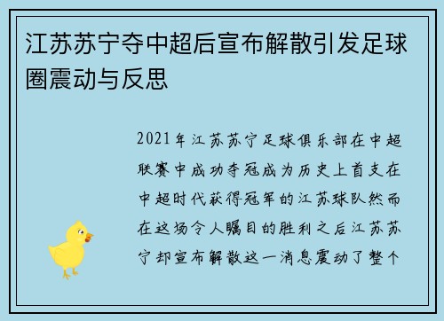 江苏苏宁夺中超后宣布解散引发足球圈震动与反思